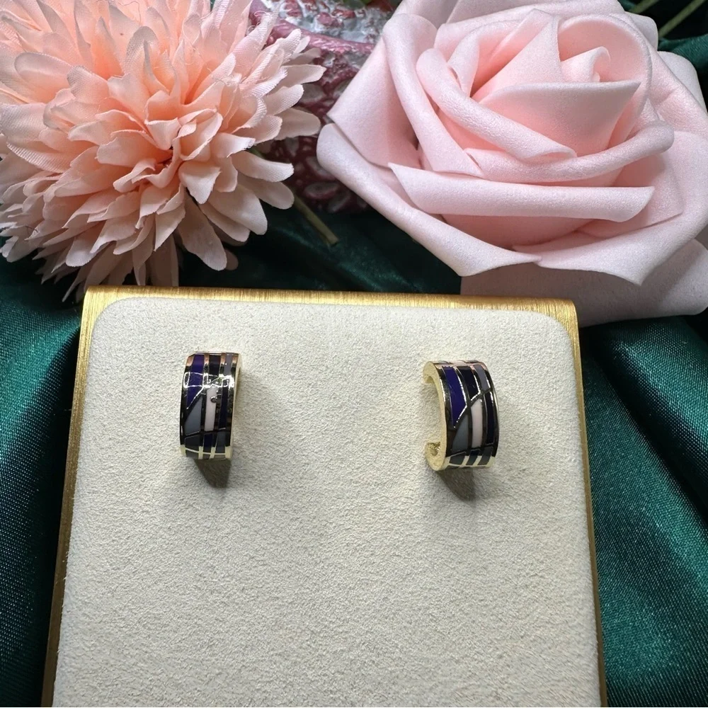 Gold-Plated Enamel Inlay Hoop Earrings • Purple & Lilac Mosaic